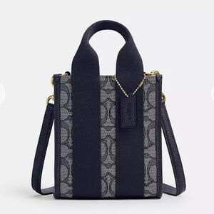 Coach NWT Smith Mini Tote Bag In Signature Jacquard. Navy & Gold.